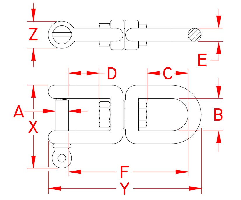 Stainless Steel Eye & Jaw Swivel, S0155-0006, S0155-0008, S0155-0010, S0155-0013, S0155-0016, S0155-0020, Line Drawing